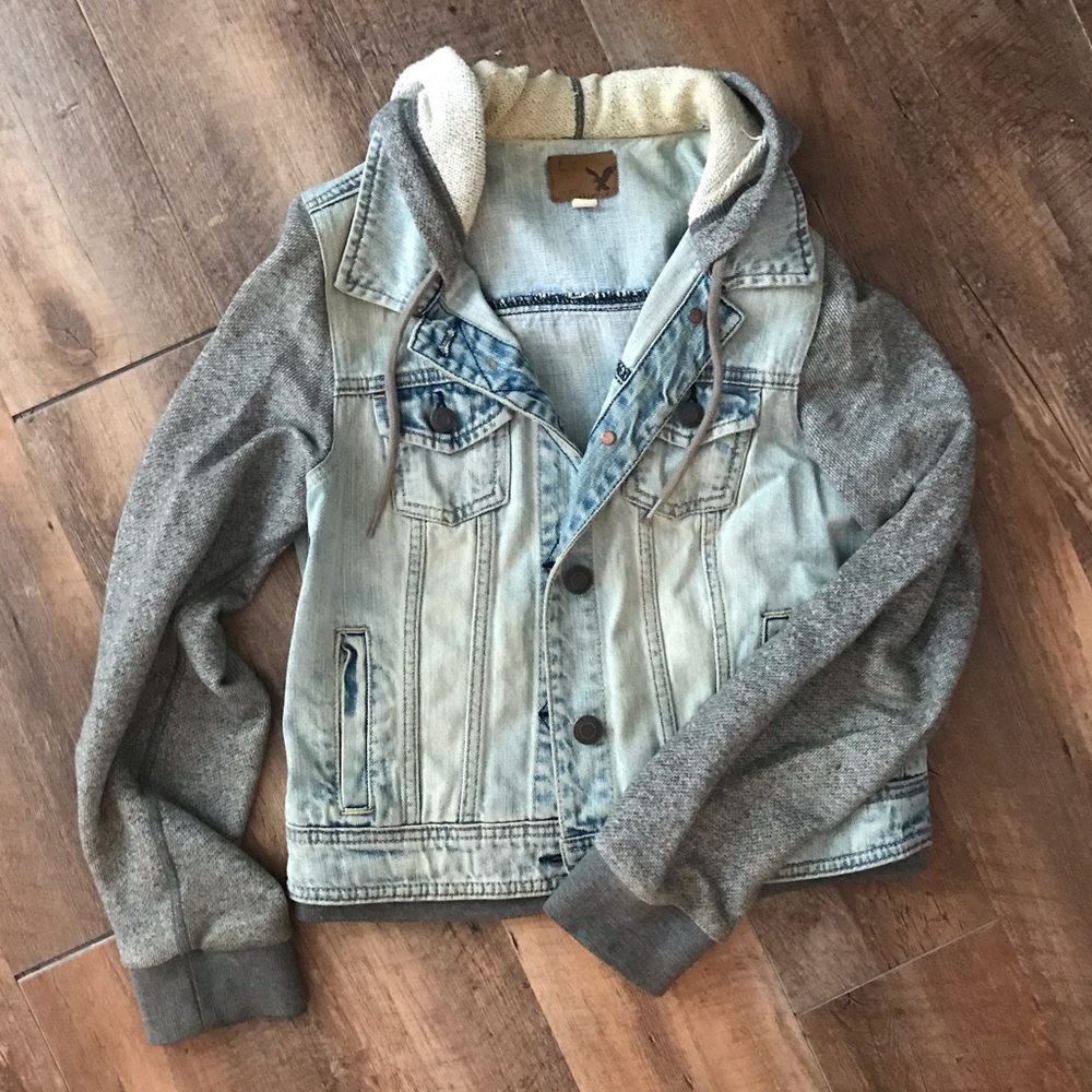 Hooded Denim Jacket white Gray Sleeves